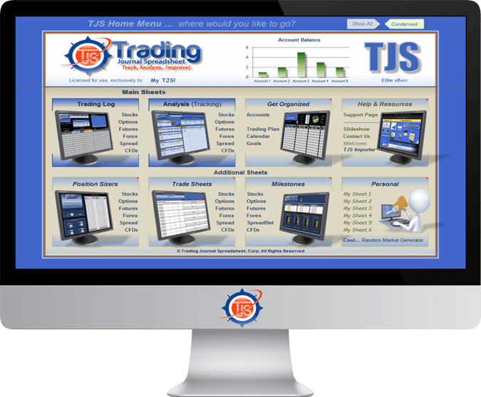 Monitor image of the TJS Elite Trading Journal Spreadsheet Home Menu v8 version, in condensed mode